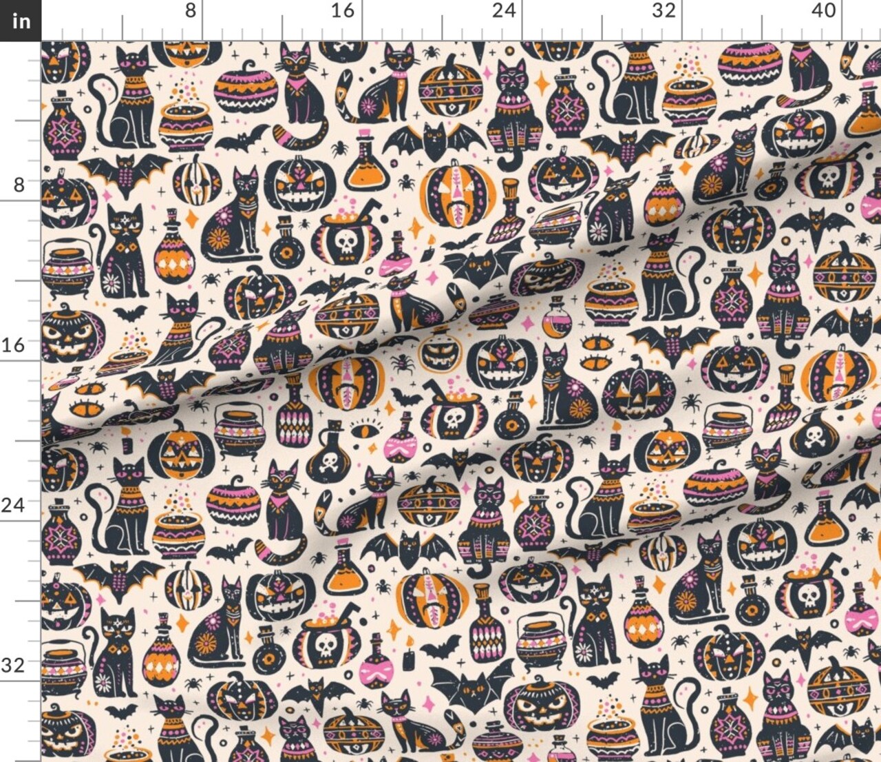 Spooky Season Black Cats Orange Pink Pumpkins Bats Potions Skulls Block Print Custom Printed Fabric by Spoonflower Various Fabrics by the Yard or Fat Quarter